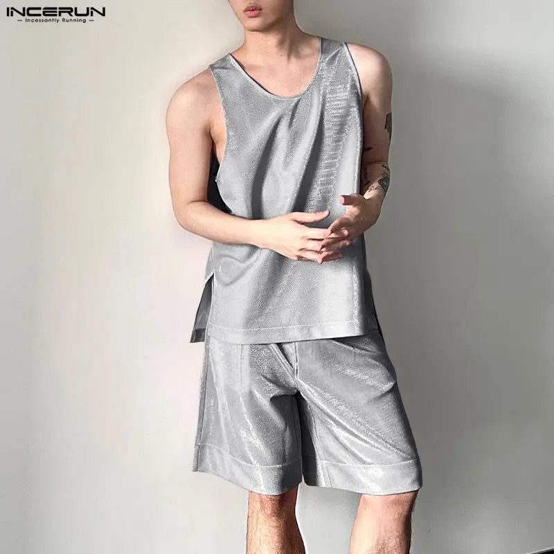 Men'S Fashion - INCERUN Men's Sets Shiny Solid O-neck