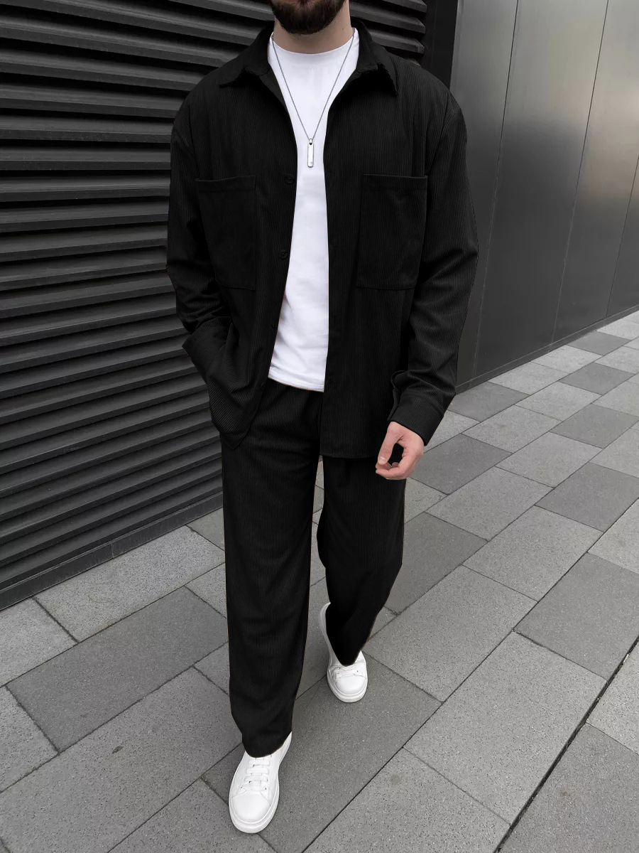Men'S Fashion Undershirt - Men's Corduroy Two-Piece Outfit: Long-Sleeved Button-Down