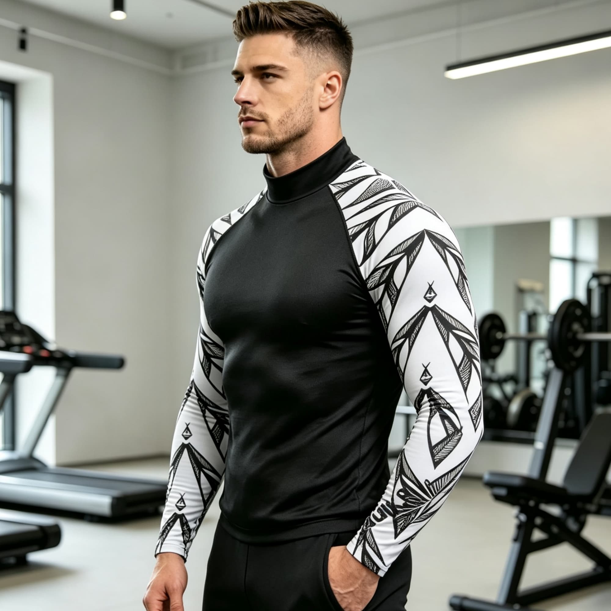 Geometric Print Spliced Mock N - Compression Shirt Workout review and price