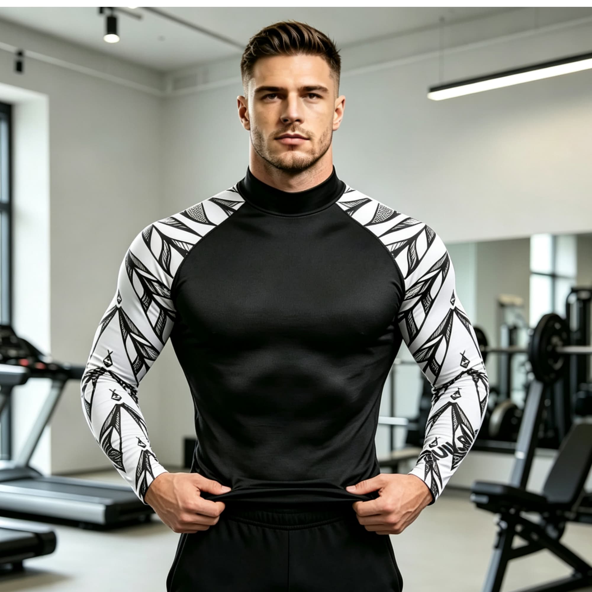 Geometric Print Spliced Mock N - Compression Shirt Workout review and price