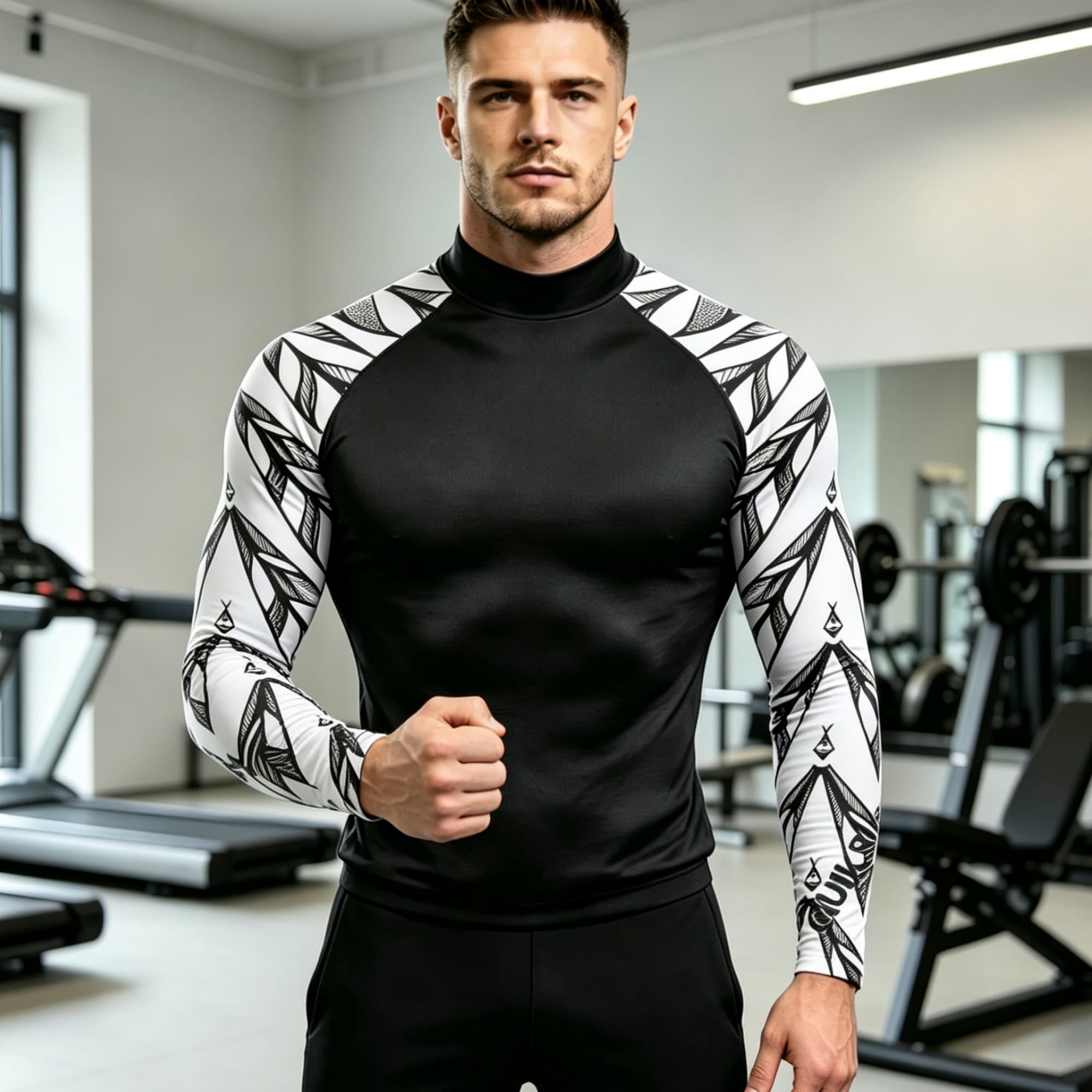 Geometric Print Spliced Mock N - Compression Shirt Workout review and price